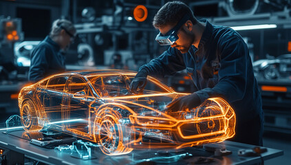 High-Tech Automotive Design Engineer Using AR to Develop 3D Model of Electric Car for Innovation