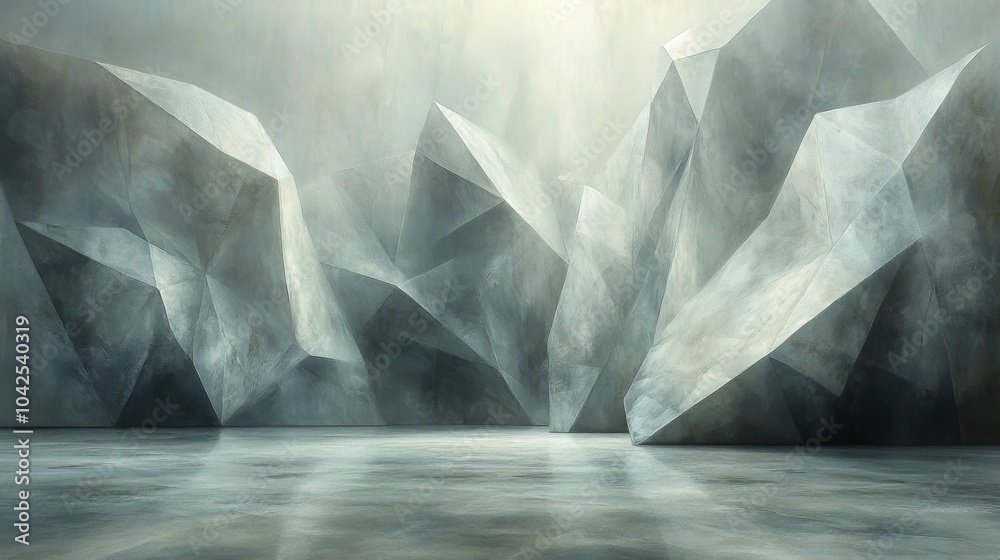 Leinwandbilder The composition features a series of abstract geometric shapes arranged in a minimalistic space, illuminated by soft diffuse light, creating reflections on the surface below.