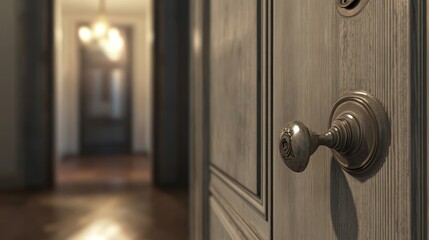 Obraz premium A close-up of a door knob with a blurred hallway in the background.