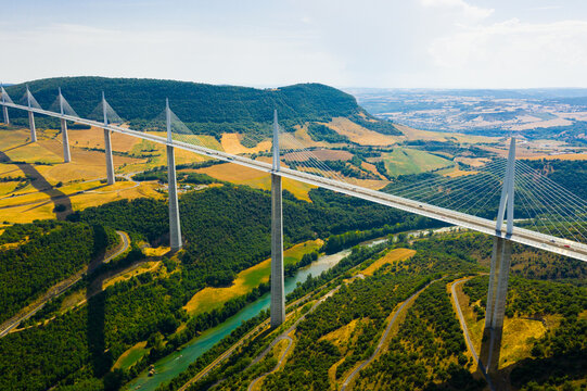 Millau, France - August 11, 2020: Millau Viaduct, cable-stayed road-bridge. Valley of the river Tarn