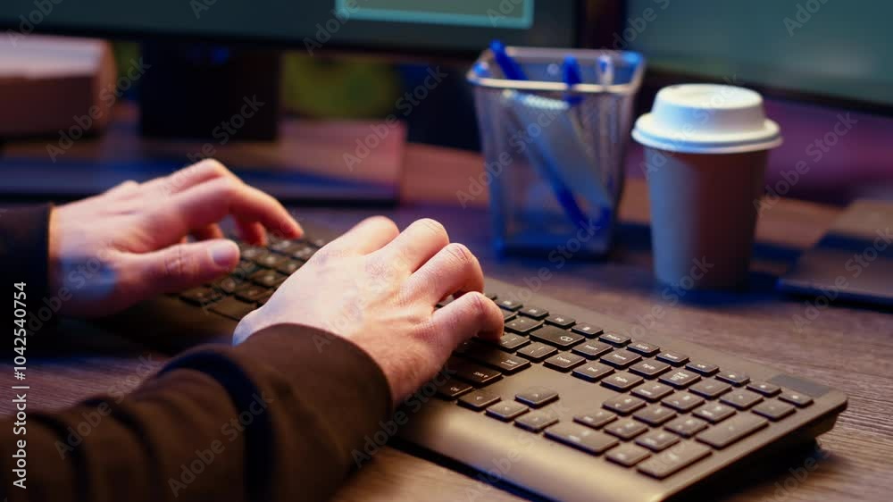 Poster hacker in secret underground shelter typing on keyboard, writing lines of code on computer, trying t