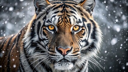 Obraz premium A tiger's gaze pierces the falling snow, its amber eyes reflecting the intensity of its presence in the winter landscape.