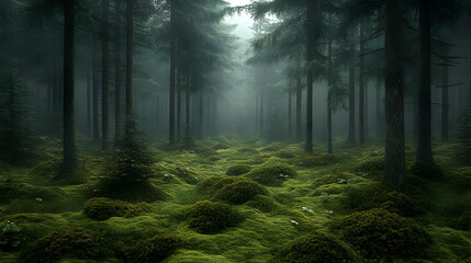 Fototapeta premium Serene forest landscape shrouded in mist and lush green moss.
