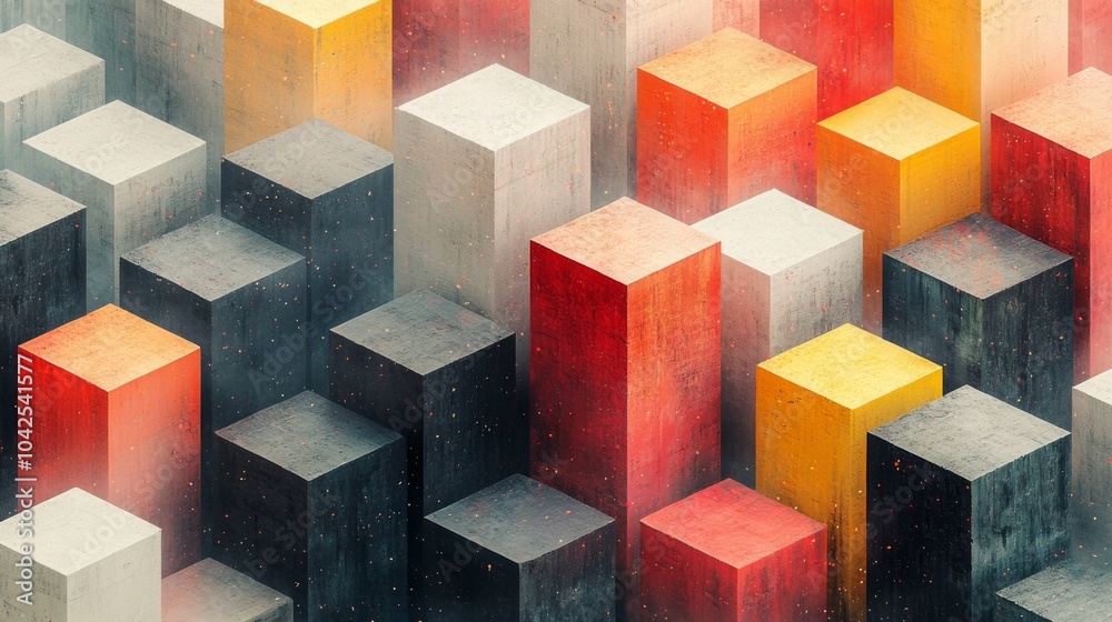 Fototapete An abstract composition showcases an array of colorful blocks arranged in a dynamic pattern. The vibrant colors contrast against a muted backdrop, creating an eye-catching visual experience.