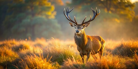 Golden Hour Majesty A Majestic Stag Stands Tall in the Meadow, Bathed in the Warm Glow of the Setting Sun
