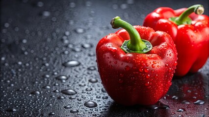 A glistening red bell pepper with dew drops against a black background
