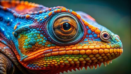 Naklejka premium A Vibrant Close-Up of a Reptilian Eye, Captivating with Its Intricate Coloration and Intriguing Gaze
