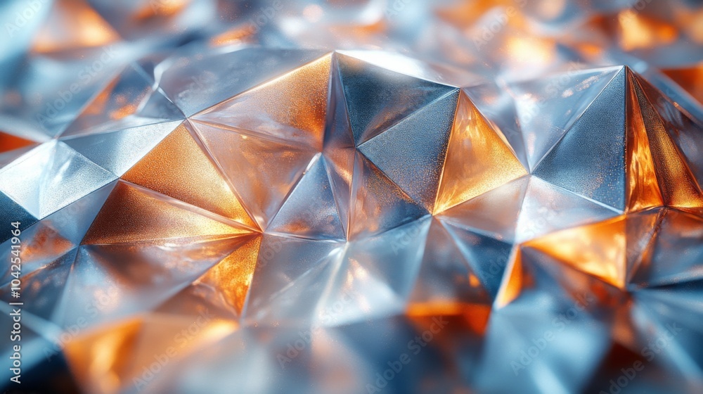 Aufkleber Close-up of geometric patterns showcasing reflective surfaces with hues of blue and orange, creating a captivating visual effect in soft light, enhancing the texture's depth.