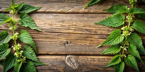 Vibrant Green Leaves of a Plant on a Rustic Wooden Surface, Forming a Natural Frame for a Blank Space