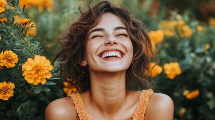Fototapeta premium Woman with curly brown hair laughing in a field of yellow flowers