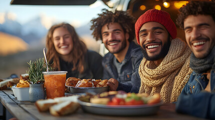 Obraz premium Friends enjoying a meal together outdoors with scenic mountains.