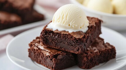 A delicious serving of brownies topped with vanilla ice cream on a white plate.