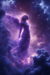 Fototapeta premium Violet angel, seventh ray of light (Archangel Zadkiel), representing the Violet Flame of Saint Germain. Divine energy, transformation, dissolving blockades. Peaceful poster, wallpaper, background.