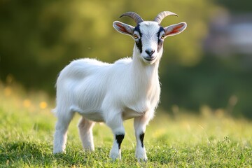 Obraz premium A white goat with black markings stands in a field of green grass and looks directly at the camera.