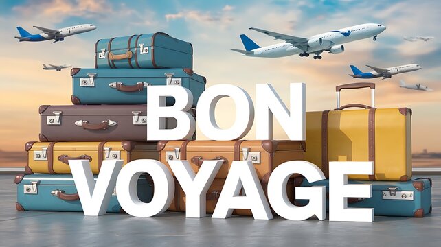 Stack of Vintage Suitcases with Bon Voyage Text and Flying Airplanes - Powered by Adobe