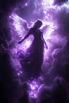 Violet angel, seventh ray of light (Archangel Zadkiel), representing the Violet Flame of Saint Germain. Divine energy, transformation, dissolving blockades. Peaceful poster, wallpaper, background.