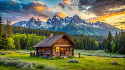 Fototapeta premium A Rustic Log Cabin Nestled in a Mountain Valley at Sunset, Illuminated by the Warm Glow of Evening Light