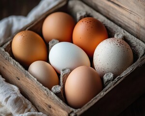 Farm fresh eggs, vibrant colors, cozy setting, close-up, inviting