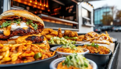 Obraz premium Gourmet food truck, vibrant colors, delicious dishes, street setting, inviting