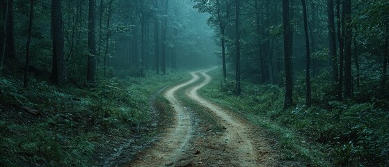 Fototapeta premium A winding dirt road through a misty, green forest