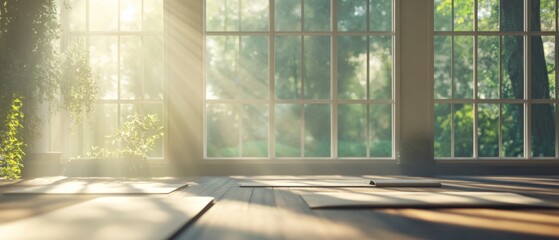 A serene yoga space with sunlight streaming through large windows and yoga mats on the floor.