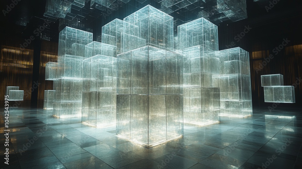Fototapete The installation features a series of glowing, translucent cubes arranged in a mesmerizing pattern, illuminating the dark space with an otherworldly glow.