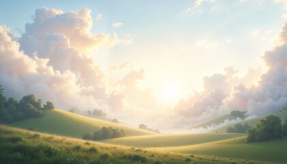 Fototapeta premium Majestic Rolling Hills in Golden Light with Dramatic Sky with Copy Space