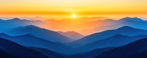 Obraz premium The sun is setting over a mountain range, casting a warm glow over the landscape. The mountains are covered in trees, and the sky is a mix of blue and orange hues. The scene is serene and peaceful