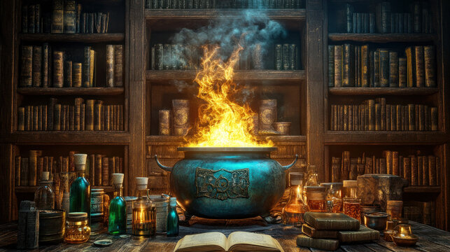 A blue cauldron with a fire inside is surrounded by books and bottles. The scene is set in a library, with shelves of books and a table with various items on it. Scene is mysterious and magical