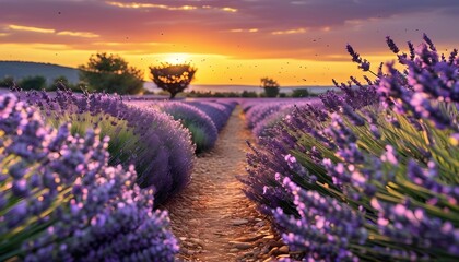 Obraz premium A serene sunset over lavender fields embracing nature's beauty in a colorful landscape of tranquility and bliss