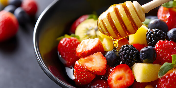 Tigela de frutas mistas com um toque de mel