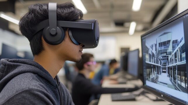 A person using virtual reality technology in a workspace setting.