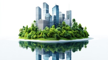 A Cityscape Island Surrounded by Lush Green Trees and Reflected in a Calm Body of Water