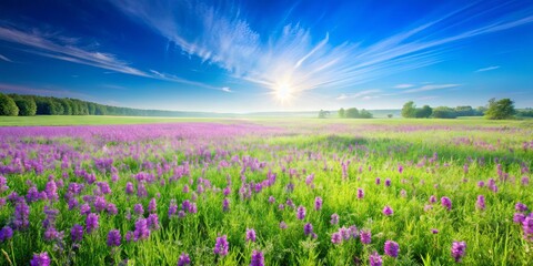 Fototapeta premium A sun-kissed field of wildflowers basking in the golden glow of a new dawn, with wispy clouds trailing across a cerulean sky, promising a day filled with vibrant beauty.