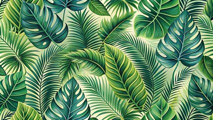 A Lush Tapestry of Tropical Foliage, Intertwined and Cascading in an Ethereal Dance of Greens and Yellows