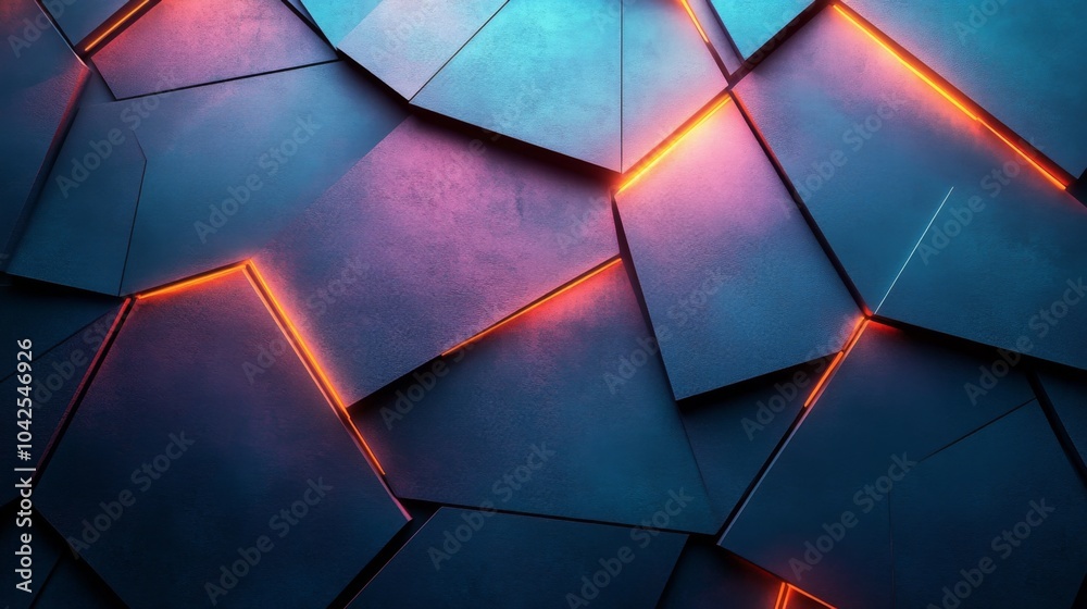 Aufkleber Dark panels arranged in an abstract geometric pattern feature glowing orange edges, creating a modern aesthetic. The design provides a striking visual effect.