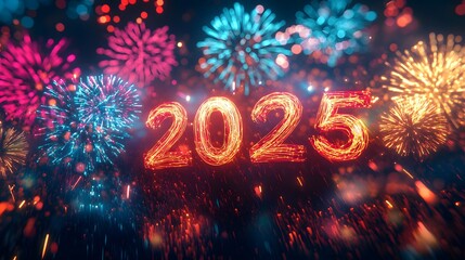 3D-rendered fireworks illuminating the night sky with the glowing text "2025" in bold, vibrant colors