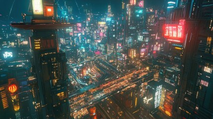 A futuristic city skyline at night with glowing neon signs and vibrant lights.
