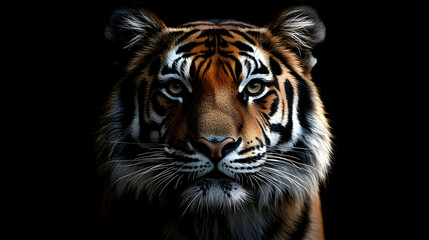 Fototapeta premium Tiger's Intense Gaze in a Dark Setting