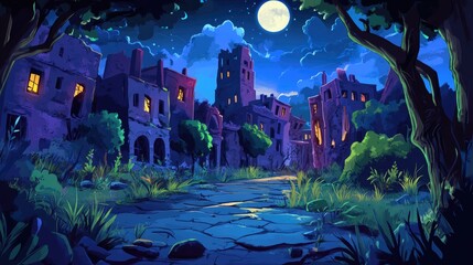 Obraz premium A Moonlit Path Through a Ruined City