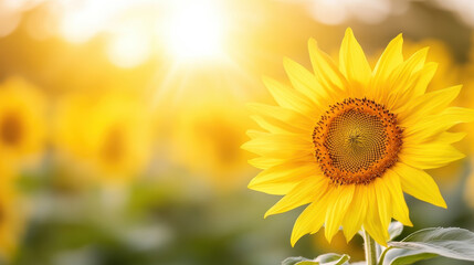 Bright and vibrant sunflower basking in sunlight, surrounded by field of yellow blooms, creating cheerful and warm atmosphere