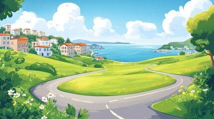 Naklejka premium Winding Road Through Green Hills Towards Ocean Coastline and Coastal Town