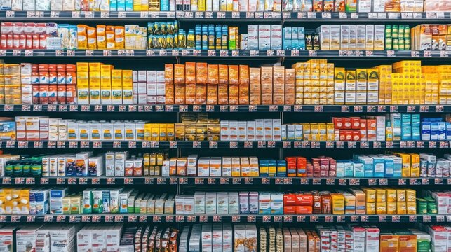 A well-stocked supermarket aisle with a variety of products. - Powered by Adobe