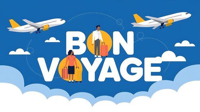 Couple with Luggage Standing Before "Bon Voyage" with Two Airplanes Flying Above Clouds