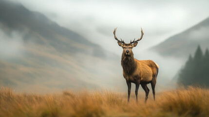 Majestic stag standing in misty landscape, surrounded by soft grass and distant mountains. serene atmosphere captures beauty of nature and wildlife