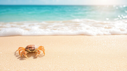 Obraz premium small crab walks along sandy beach, with gentle waves lapping at shore under bright blue sky. scene captures essence of tranquil seaside moment