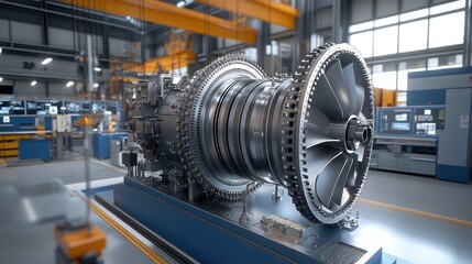 Fototapeta premium A detailed view of a jet engine in an industrial workshop setting.