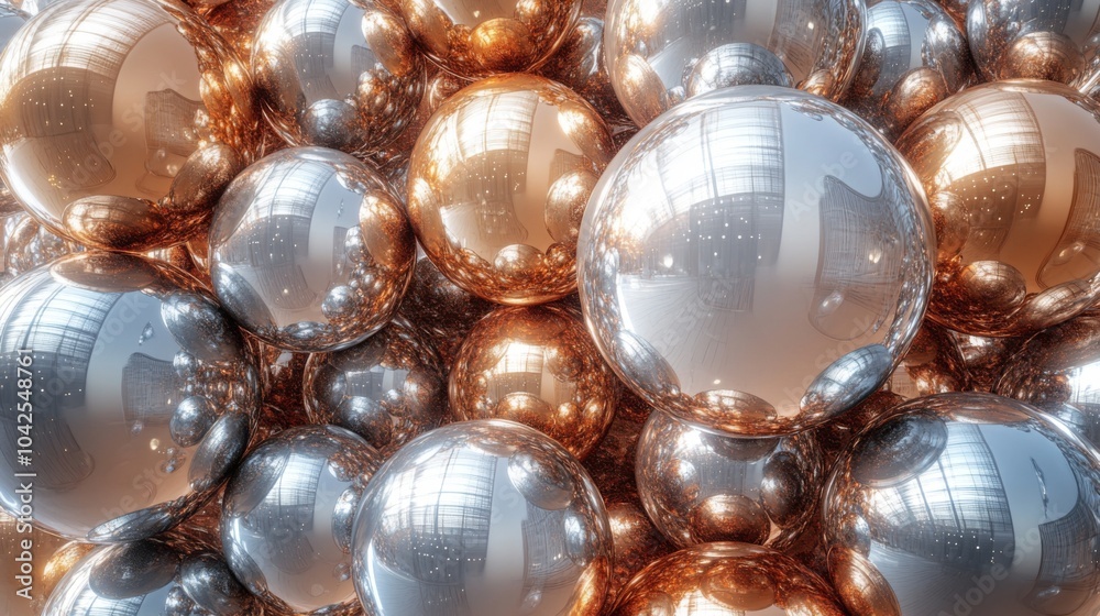 Aufkleber The display features an array of shiny silver and copper spheres closely packed together. Their reflections create a captivating visual effect, enhancing the overall aesthetic.