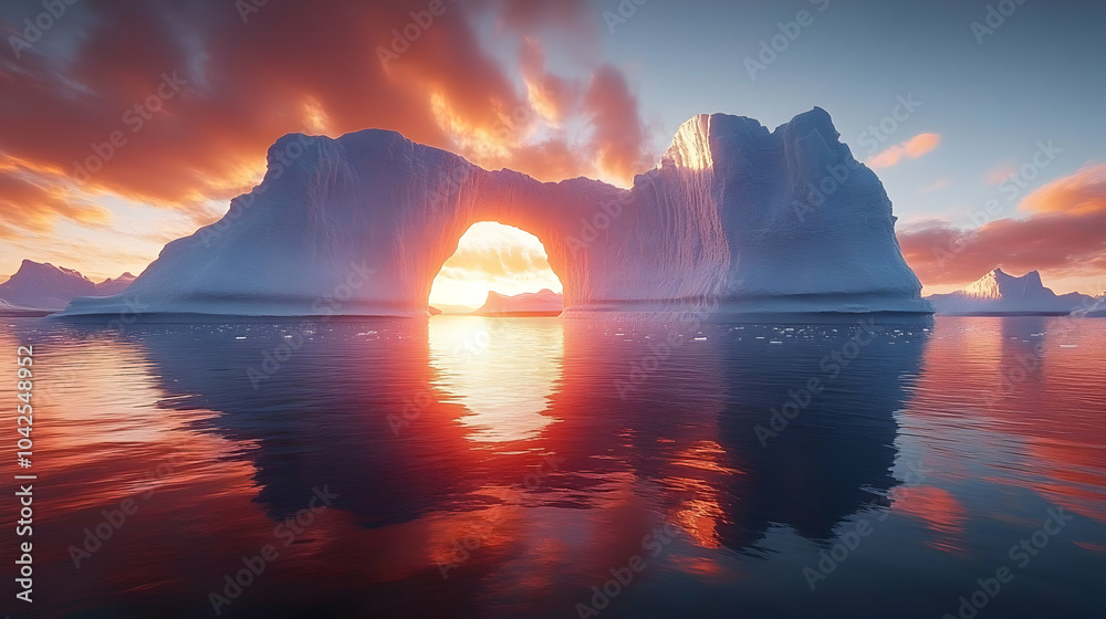 Sticker Sunset illuminating an iceberg arch over calm waters.