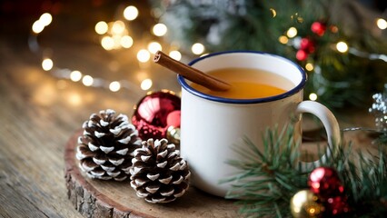 Hot apple cider, christmas drink, festive decorations, holiday season, winter beverage, new year celebration, cozy vibes